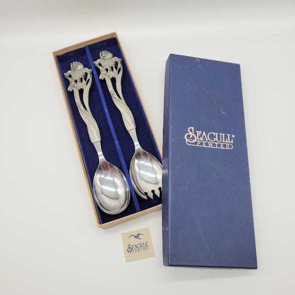 NIB Vintage 1994 Seagull Pewter Canada Sheffield England Iris Salad Serving Set - Picture 1 of 11